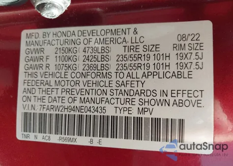 2022 Honda Cr-V Touring z USA, uszkodzony, nr VIN 7FARW2H94NE043435